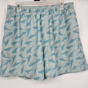 Huk Shorts Mens Large Swimming Trunks Lined Fishing Summer Green All‎ Over Print